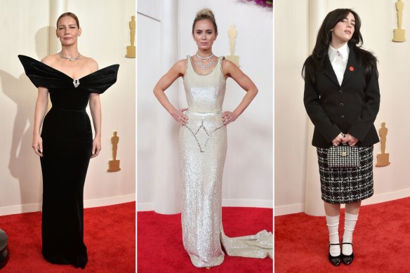 Best dressed: Sandra Huller and Emily Blunt in Schiaparelli and Billie Eilish in Chanel.