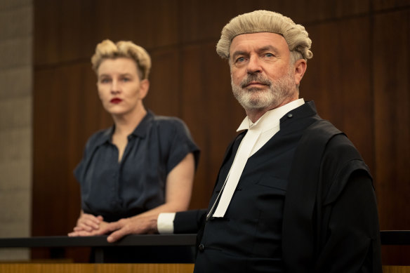 Sam Neill (centre) as barrister Brett Colby, who is defending Kate Mulvany’s character Kate Lawson (far left) in a murder trial in The Twelve. 