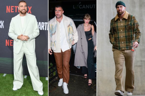 Travis Kelce in a mint Lanvin suit at the Los Angeles premiere of ‘The Quarterback’ in July; in Bode holding hands with Taylor Swift in New York in October; wearing the Elder Statesman at the Arrowhead Stadium in Kansas City, Missouri.