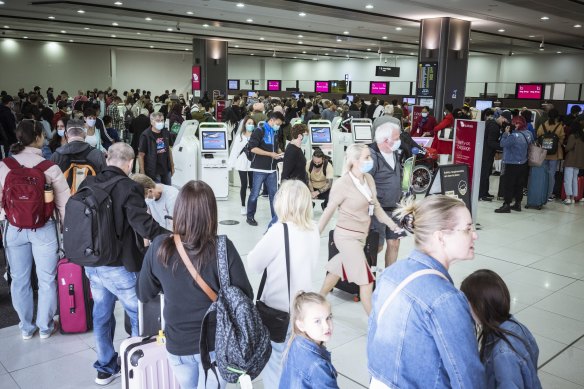 Large queues formed at Melbourne Airport’s terminal 3 departures earlier this month.