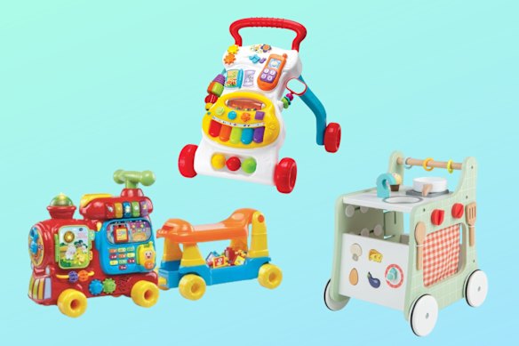 VTech Push & Ride alphabet train; Winfun Grow‑with‑Me musical walker; Costway 6‑in‑1 wooden stroller walker push & pull activity centre.