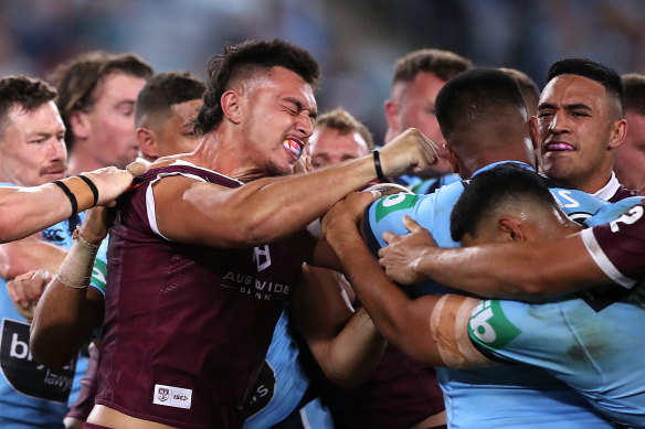 Tino Fa’asuamaleaui’s and Payne Haas lock horns in Origin back in 2020.