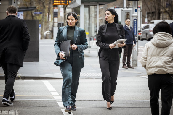 Lawyers Zoe Davis (left) and Rachelle Badour-Taha outside Melbourne Magistrates’ Court last week.