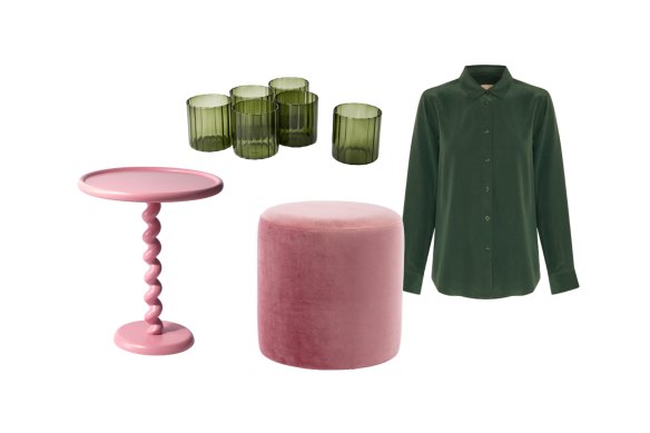 “Twister” table; “Wavy” tumblers; “Juliette” ottoman; silk shirt.
