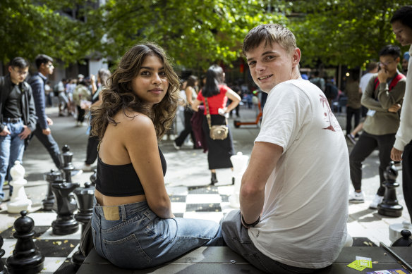 First-year RMIT students Hardi Patel and Tobey Nunn enjoyed the O-week “street festival” on campus on Thursday.