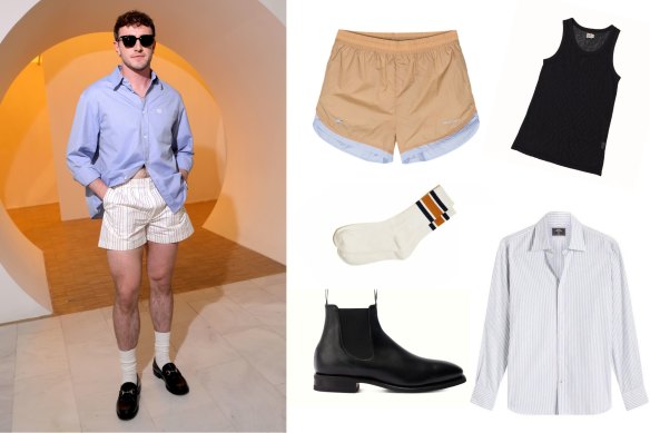 Short odds: Paul Mescal in June attending the Gucci menswear show in Milan; Adidas Originals x Grace Wales Bonner shorts, $186, Farfetch; Haulier mesh singlet, $125; MJ Bale ‘Barney’ striped shirt, $149.95; Cotton On socks, $6.99; R.M.Williams Comfort Craftsman boot, $649.