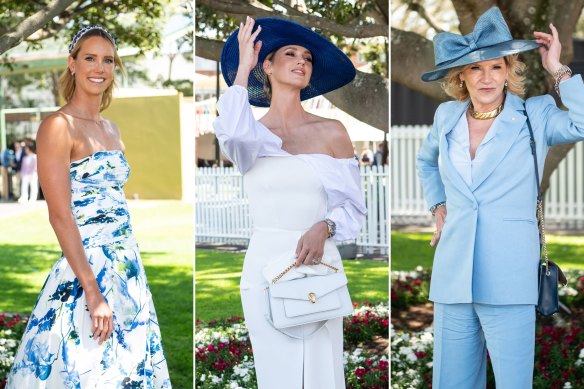 Emma McKeon in Aje, Nikki Phillips in Toni Maticevski and Skye Leckie in Scanlan Theodore at The Everest, Royal Randwick Racecourse.