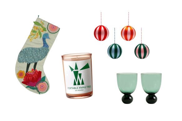 “Emu” stocking; “Portable Xmas Tree” candle; Anna + Nina baubles; “Ester” cocktail set.