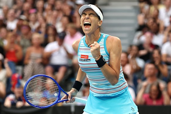 Ajla Tomljanovic celebrates her victory against Yuliia Starodubtseva of Ukraine in the Women’s Singles First Round during day two of the 2026 Australian Open. 