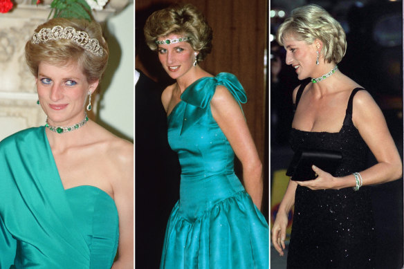 Diana wore this emerald and diamond necklace on several occasions but none more memorably than as a headband in Melbourne in 1985 (centre).