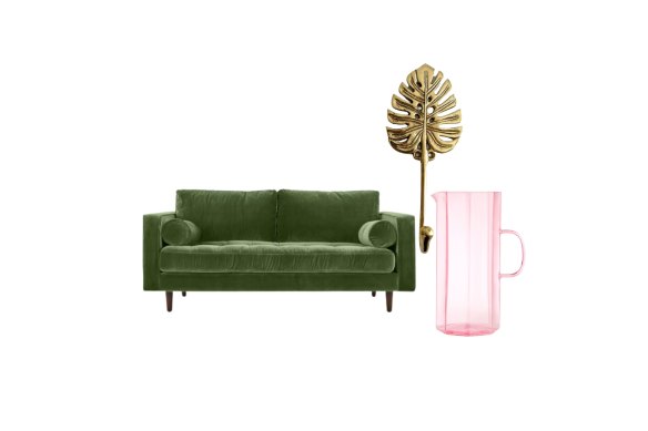 “Draper” sofa; “Monstera Leaf” hook; “Coucou” jug.