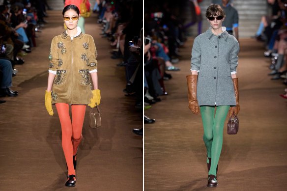 Coloured stockings hit the March ’24 Miu Miu runway show.