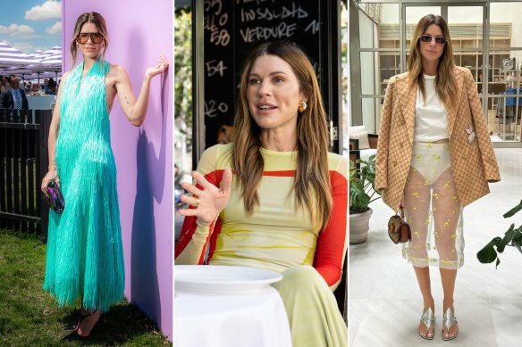 Author and entrepreneur Erin Deering at the Melbourne Cup wearing Bottega Veneta in November; at Fratelli Paradiso in Potts Point wearing Loewe; in Gucci in Singapore this month. 