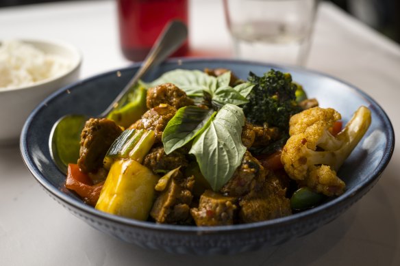 Basil sizzle “steak” stir-fry with broccoli and cauliflower.