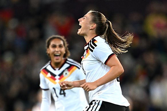 Melissa Kossler celebrates after scoring Germany’s second goal.