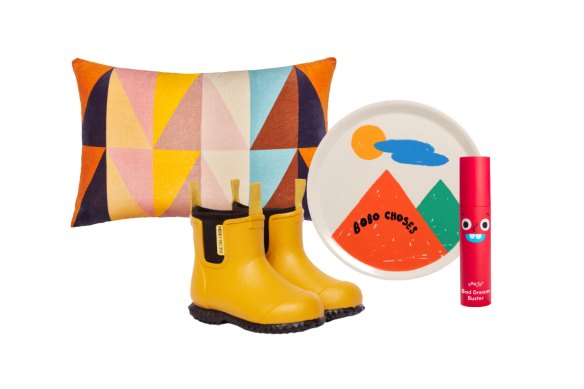 “Triangle” velvet cushion; “Bobbi” gumboots; “Landscape” tray; “Bad Dream Buster”.