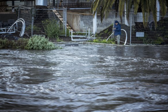 A builder watches rising floodwaters along the Maribyrnong River. 