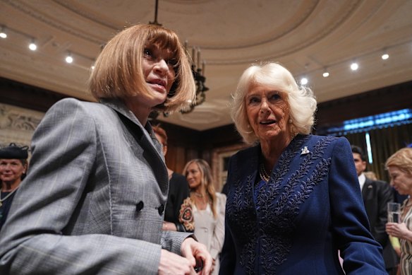 Queen Camilla, right, with Global Editorial Director of Vogue Anna Wintour.
