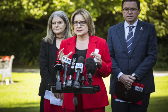 Premier Jacinta Allan with Attorney-General Sonya Kilkenny and Police Minister Anthony Carbines.