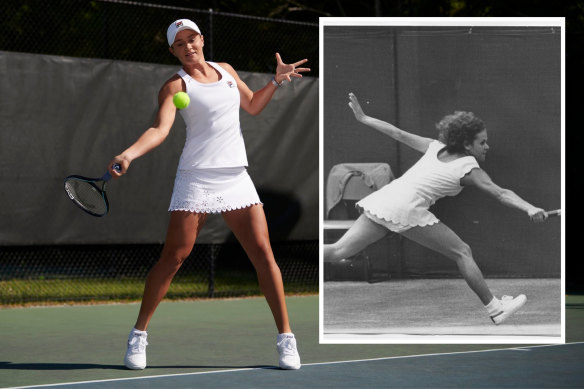 World number one Ash Barty wearing an outfit inspired by Evonne Goolagong’s 1971 winning ensemble.