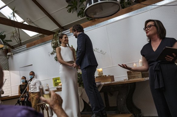 Bride Siobhan Hyland and groom Dean Casey re-arranged their wedding in hours on Friday after having each of their three attempts to schedule the big day were disrupted by Melbourne’s lockdowns. They tied the knot at about 7pm.
