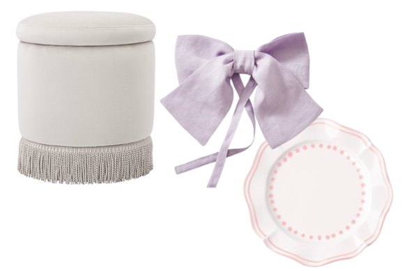 From left: “Hepburn” ottoman; “Tabatha” napkin bow; “Capri” side plate.