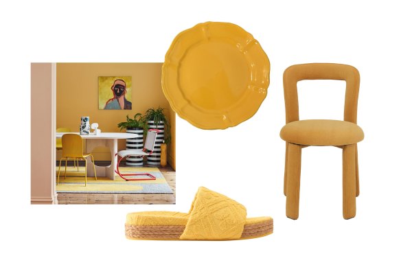 “Golden Sand” paint; “Spiaggia” entree plate; “Joanna” terry slides; “Noodle” chair.  