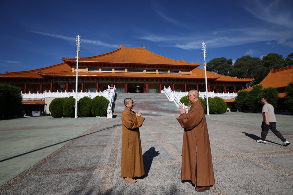 Venerable Manko, the abbess of heritage-listed Fo Guang Shan Nan Tien Temple and chief abbess of Fo Guang Shan for Australia and New Zealand with Venerable Miaoyou, the temple’s director and company secretary. 