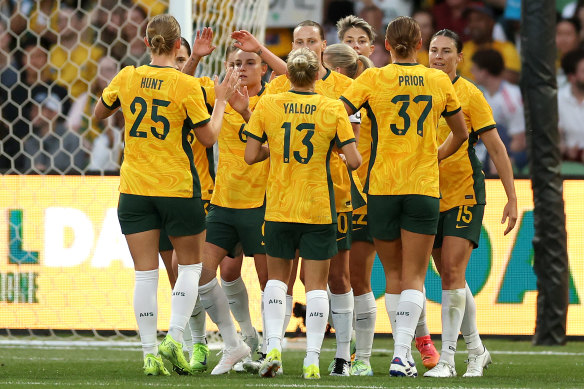 Sharn Freier of the Matildas celebrates a goal against Taiwan.