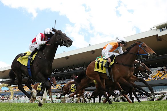 Proxima Dea, No.11, edges ahead late to win the Gloaming Stakes.