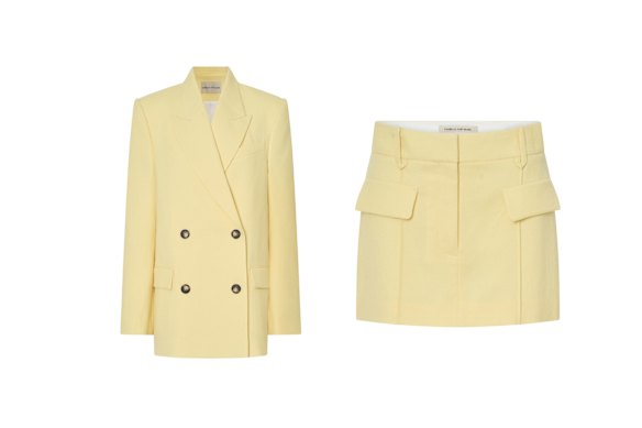 Camilla and Marc “Eryn” double-breasted blazer in Lemon Yellow, $800; 
“Eryn” tailored mini skirt in Lemon Yellow, $450.