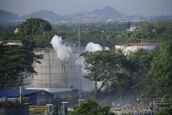 Smoke rises from LG Polymers plant, the site of a chemical gas leakage, in Vishakhapatnam, India. 