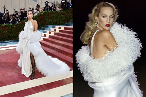Hailey Bieber (left) at the 2022 Met Gala and Jerry Hall on the Yves Saint Laurent runway in 2002.