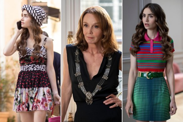 Lilly Collins as Emily in the Netflix series Emily in Paris and Philippine Leroy-Beaulieu, centre, as Sylvie.