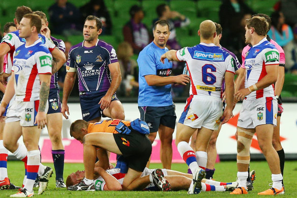 Alex McKinnon on the ground after the tragic tackle in 2014 in Melbourne.