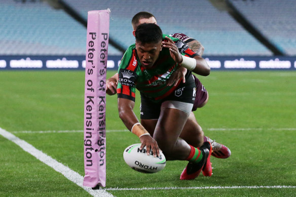Steven Marsters scores on debut for the Rabbitohs in Saturday night's 56-16 rout of Manly.