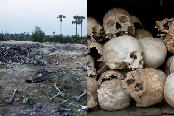 Human bones found on the killing fields in 1983 and skulls of some of the millions of victims.