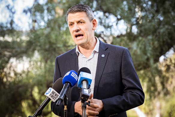 Police Association secretary Wayne Gatt speaks on Sunday. 