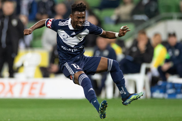 Elvis Kamsoba of the Victory reacts after kicking the ball during the A-League match between Melbourne Victory and Macarthur FC.