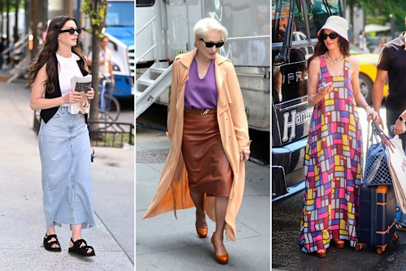 Anne Hathaway as Andy Sachs wearing an Agolde denim skirt (left) and Gabriela Hearst paired with a Fendi mesh bag (right). Meryl Streep (middle) on set as Miranda Priestly, sporting Jimmy Choo sunglasses.