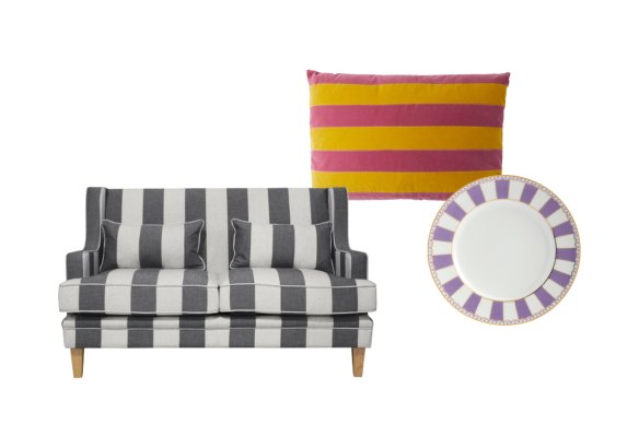 “Bondi Hamptons” sofa; “Zarah” cushion; “Carnivale” cake plate.