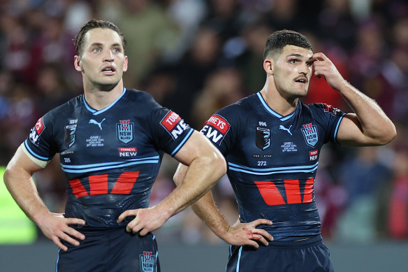 Cameron Murray and Nathan Cleary in one of NSW’s altered outfits.