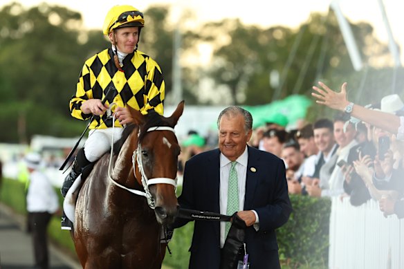 John Messara leads back Autumn Glow after her George Ryder Stakes win on March 21 at Rosehill.