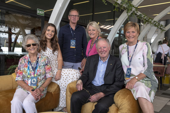 Sedgman with, from left to right: wife Jean, granddaughter Louise, son-in-law Russell, daughter Roxy and daughter Kaye.