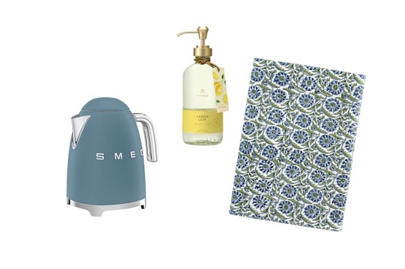 “50s Retro” kettle, $219; “Lemon Leaf” hand wash; “Istanbul Moss” tablecloth.  