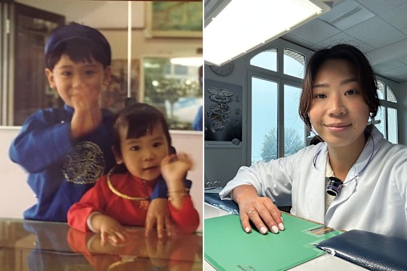 Duong as a young girl at her family’s watch business (left) and at watchmaking school in Switzerland.