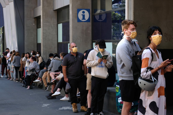 People line up outside the Royal Melbourne Hospital for coronavirus testing on Tuesday.