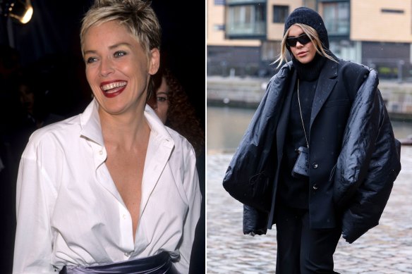 Sharon Stone at Elton John’s after party for the 1998 Academy Awards wearing a Gap white shirt with a Vera Wang skirt. Influencer Gigie Vives at Copenhagen Fashion Week in February wearing Yeezy Gap jacket.