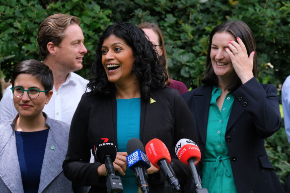 Greens leader Samantha Ratnam, with colleagues today, says her party is now a force to be reckoned with.