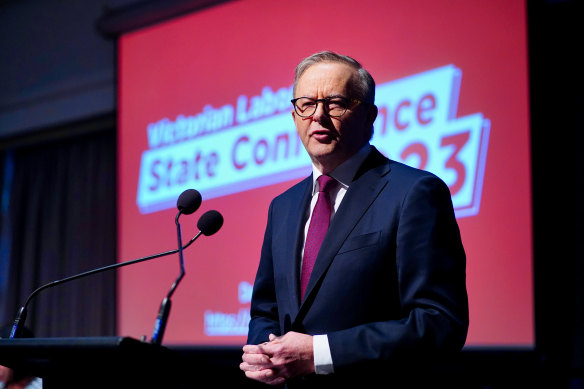 Prime Minister Anthony Albanese at the Victorian Labor state conference at the weekend.